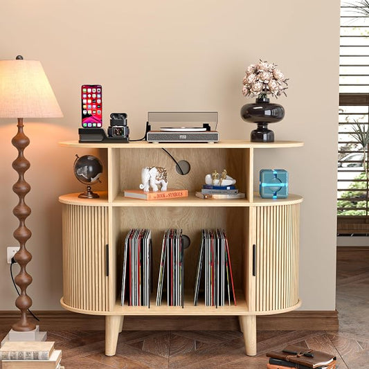 LUVIOHOME Large Round Record Player Stand with Charging Station & USB Ports，Record Storage Cabinet, Mid Century Modern Turntable Stand for Bedroom Living Room (Small Oak)