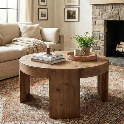 Solid Wood Round Coffee Table, 31.5-Inch Farmhouse Circle Center Cocktail Tea Table for Living Room, Wood Home Living Room Furniture, Easy Assembly, Rustic Brown