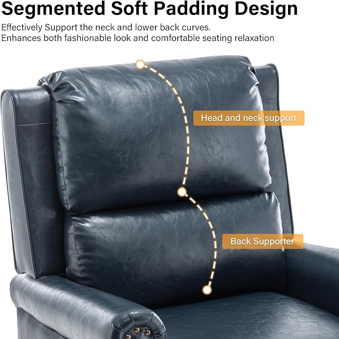 Faux Leather Recliner Chair Set of 1, Modern Pushback Armchair with Adjustable Backrest & Footrest for Bedroom, Living Room -Dark Blue