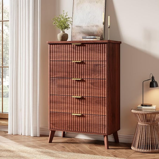 GarveeHome Fluted Dresser for Bedroom with 5 Deep Drawers, 47.2 in Tall Chest of Drawers, Curved Profile Design, Modern Wooden Dresser, for Living Room, Kids Room, Hallway, Walnut