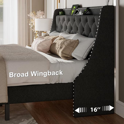 Feonase King Size Bed Frame with Luxury Wingback and Fast Charging Station, Upholstered Button Tufted Storage Headboard, King Platform Bed, Heavy Duty Wooden Slats Support, Easy Assembly, Dark Gray