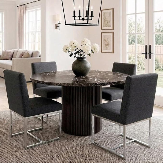 HNY Modern Dining Chairs Set of 4, Upholstered Linen Dining Room Chairs with Ergonomic Back & Polished Silver Metal Frame for Home, Kitchen, Apartment, Charcoal Black