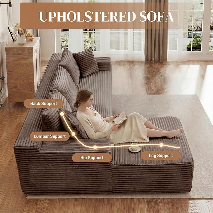 95" L Shaped Cloud Boneless Sectional Couches for Living Room, Modern Comfy Modular Deep Seat Memory Foam Compressed Corduroy Sofa Oversized Left Facing Chaise, No Assembly Required, Brown
