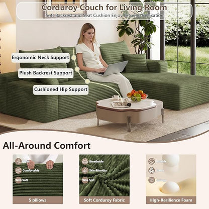 95" Cloud Sectional Couch with L-Shape Chaise, Modular Comfy Sofa Chaise Longue, Upholstered Corduroy Couches Sleeper with Deep Seat for Living Room Bedroom, No Assembly Required(Green, Right Facing)
