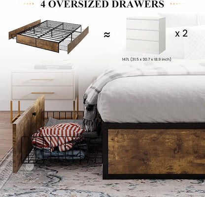 SHA CERLIN Full Size Bed Frame with Storage, 4 Extra Large Drawers on Wheels, Mattress Foundation, Strong Metal Slat Support, No Box Spring Needed, Easy Assembly