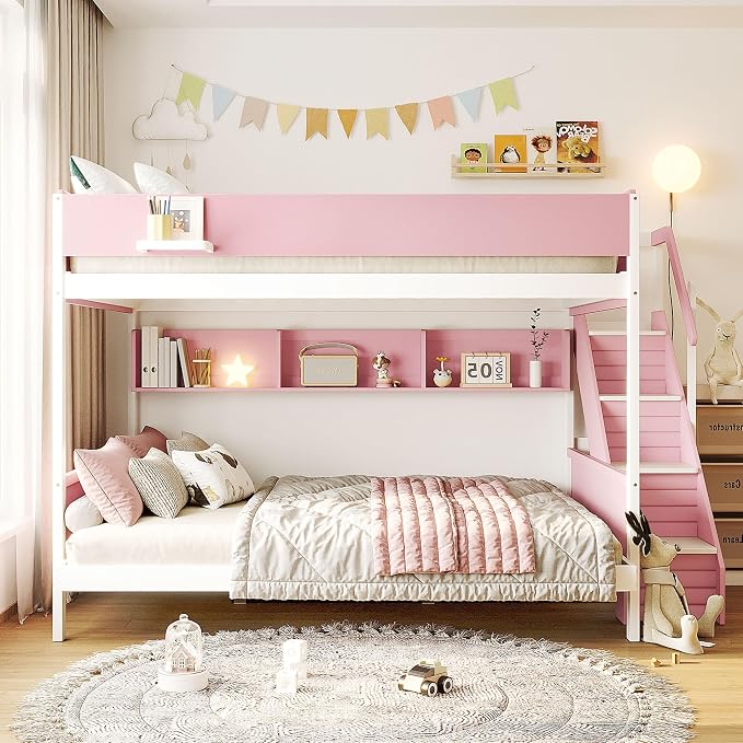 Wood Bunk Bed Twin Over Full with Staircase and Side Shelves | Striped-Design Staircase, Built-In Light Strip, Space-Saving Design, Kids Teens Adults, Versatile Bed Frame