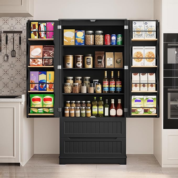 Gizoon 72" Tall Kitchen Pantry Cabinet with Drawers for Dining Room, Food Pantry Storage Cabinet with 8 Doors Shelves for Snack and Spice, Large Craft Storage Cabinet for Craft Room, Black, Painted