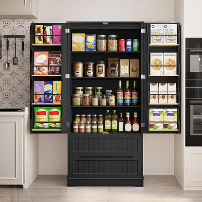 Gizoon 72" Tall Kitchen Pantry Cabinet with Drawers for Dining Room, Food Pantry Storage Cabinet with 8 Doors Shelves for Snack and Spice, Large Craft Storage Cabinet for Craft Room, Black, Painted