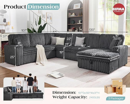 VanAcc 130" Sofa Bed, Sectional Sleeper Sofa with Pull Out Bed, Sleeper Couch for Living Room, 6 Seater Couch with Storage, Faux Fur Dark Grey