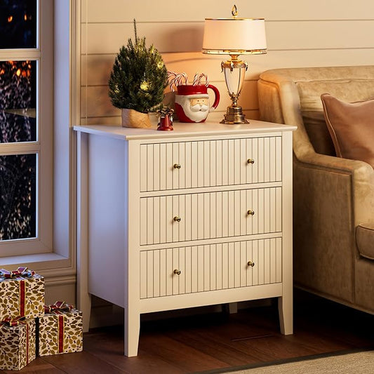 Night Stand, Fluted 3 Drawer Wide Farmhouse Nightstand with Gold Handle, Modern Wooden Bedside End Table for Bedroom, Living Room, White