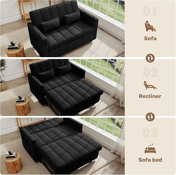 Nebuaegis Sleeper Sofa Bed,3-in-1 Convertible Pull Out Couch with Adjustable Backrest for Living Room,Loveseat Sofa Bed with Side Pockets,Easy Assembly,Black,1 PCS