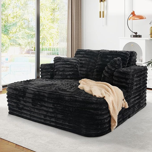 JEEOHEY 56" Oversized Chaise Lounge Chair Indoor,Plush Faux Fur Sleeper Sofa Couch Bed with Pillows&Wide Armrests,Fluffy Comfy Cloud Couch,Compression Foam Couch for Living Room,Bedroom(Black)