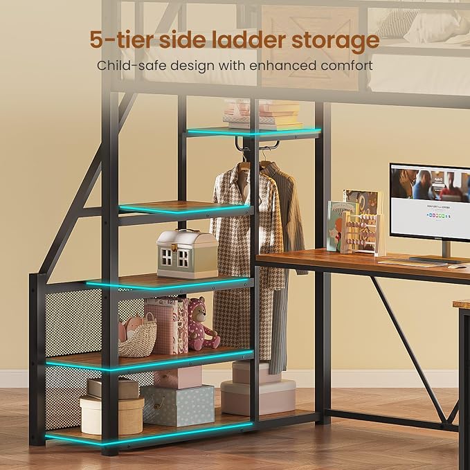 Itaar Stairway Twin Size Loft Bed with L Shaped Desk and Wardrobe, Metal Loft Bed Frame with Storage Stairs, 3 Fabric Drawers, LED Lights & Charging Sation (Rustic Brown, Twin)