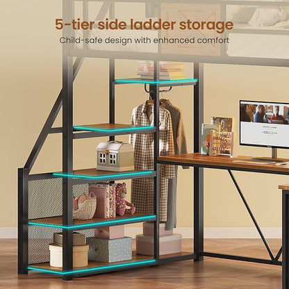 Itaar Stairway Twin Size Loft Bed with L Shaped Desk and Wardrobe, Metal Loft Bed Frame with Storage Stairs, 3 Fabric Drawers, LED Lights & Charging Sation (Rustic Brown, Twin)