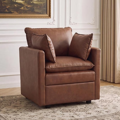 30" Brown Faux Leather Sofa Chair, Single Cloud Accent Chair with Storage | Modern Upholstered Deep Seat Sofa Chair, Comfort for Reading, Lounging, and Small spaces, Armchair for Living Room, Bedroom