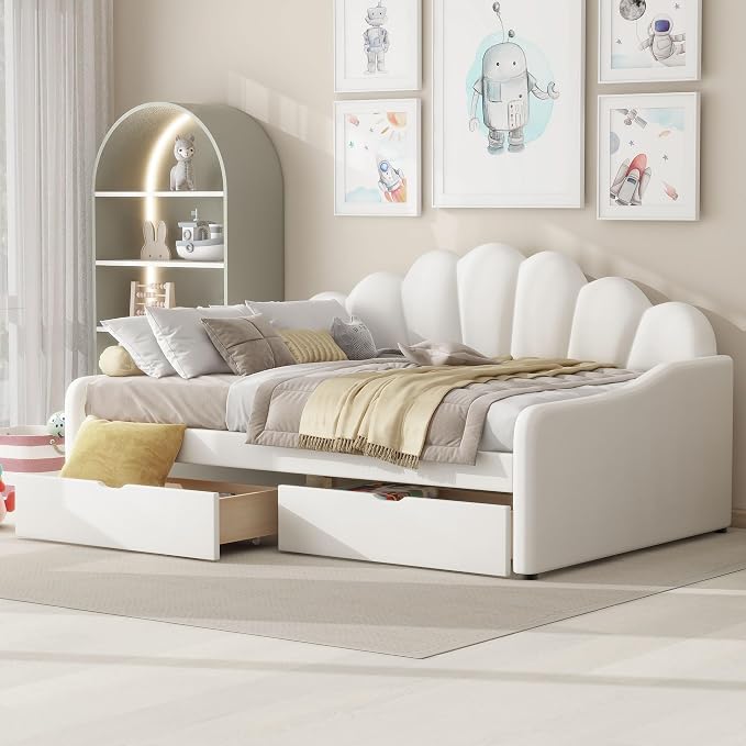 Ball & Cast Full Size Daybed with Two Storage Drawers,Velvet Upholstered Day Bed Frame Full with Shall Shaped Backrest and Wood Slat Support,No Box Spring Needed,Beige