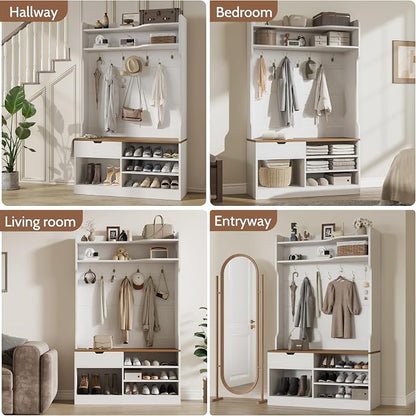 Hall Tree with Bench and Shoe Storage, White | 5-in-1 Entryway Hall Tree with Coat Rack, Hidden Drawer, 7 Coat Hooks, 3-Tier Shoe Storage for Hallway and Mudroom