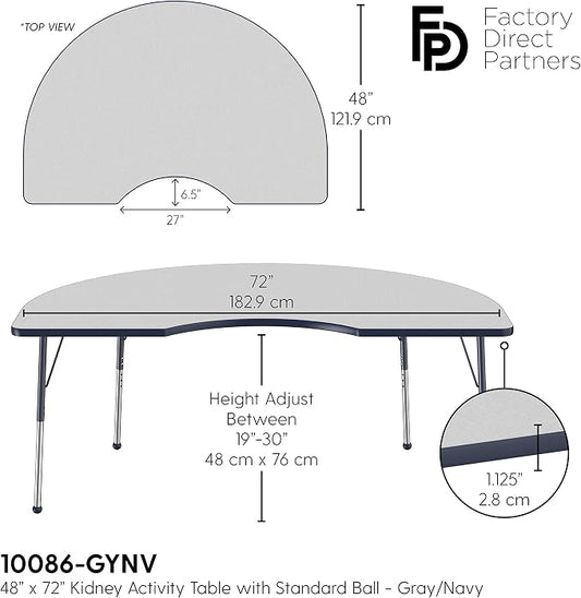 FDP Kidney Activity School and Office Table (48 x 72 inch), Standard Legs with Ball Glides for Collaborative Seating Environments, Adjustable Height 19-30 inches - Gray Top and Navy Edge