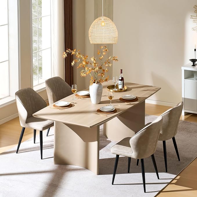 CLIPOP Faux Leather Dining Chairs Set of 2, Leather Dining Chairs, Mid-Century Modern Dining Room Chairs, Upholstered Kitchen Chairs with Metal Legs, Leisure Chair for Guest Reception Room - Beige