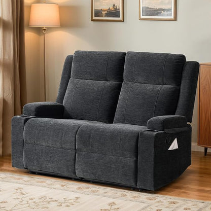 55" RV Loveseat Recliner – Space-Saving Double Reclining RV Sofa, Compact Theater Seating with Cup Holders & Storage Pocket, Black Chenille Couch for Camper, Motorhome & Home Theater