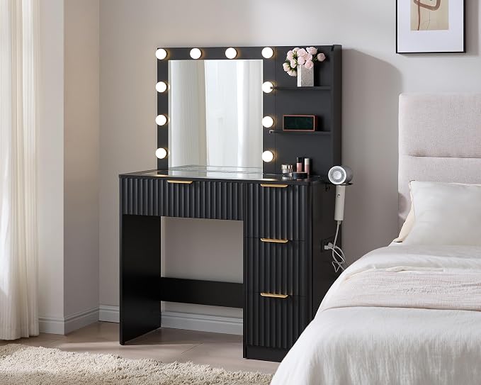 AMERLIFE 36.2" Fluted Vanity Desk with Mirror and Adjustable LED Lights, Large 4 Drawers Makeup Vanity Table with Glass Top and Charging Station for Women and Girls, Bedroom or Dorm, Black