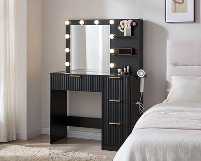AMERLIFE 36.2" Fluted Vanity Desk with Mirror and Adjustable LED Lights, Large 4 Drawers Makeup Vanity Table with Glass Top and Charging Station for Women and Girls, Bedroom or Dorm, Black