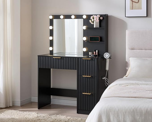 AMERLIFE 36.2" Fluted Vanity Desk with Mirror and Adjustable LED Lights, Large 4 Drawers Makeup Vanity Table with Glass Top and Charging Station for Women and Girls, Bedroom or Dorm, Black