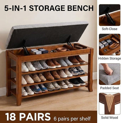 Solid Wood Shoe Bench, 47.2'' Shoe Rack for Entryway Storage | 550 lbs Max Load, Flip-Top Soft-Close Lid, Adjustable Shelves, Cushioned Entryway Shoe Rack Organizer, Tool-free Assembly
