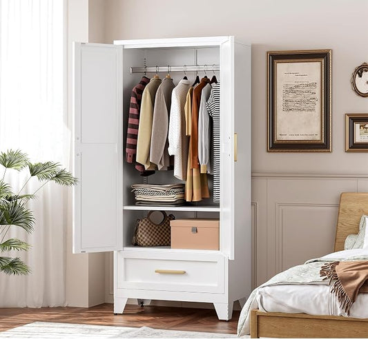 QINPTWUT 71" Tall Metal Wardrobe with Doors, Hanging Rod & Adjustable Shelf, Freestanding Steel Armoire for Bedroom Home Office, 1-Drawer White