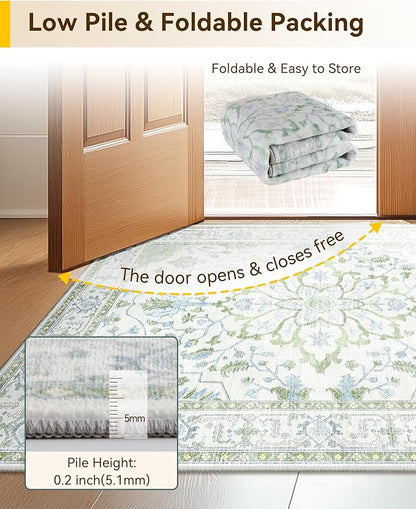 RELEANY Area Rugs 4'x5' Washable Non-Slip, Floral Vintage Distress Medallion Carpet for Living Room Bedroom Dining Room, Green White Blue