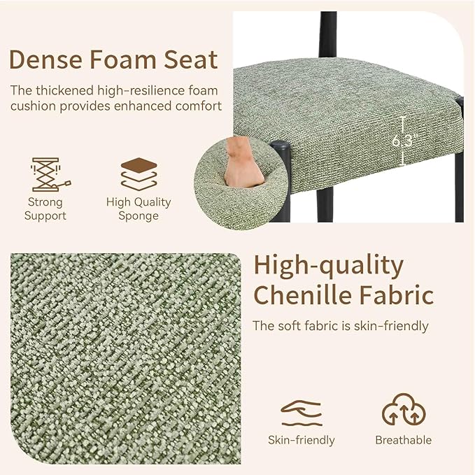 VKNOW Wooden Dining Chairs Set of 6 with Black Rubberwood Legs, Green | Soft Chenille Fabric, Curved Open Back, Thickened Cushion, For Adults and Family, Dining Room, Kitchen, No Wobble