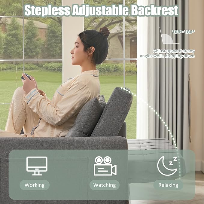 GOSUHI 52" Sleeper Sofa with Pull-Out Bed, 3-in-1 Convertible Sofa Bed, Set of Loveseat with Stepless Adjustable Backrest and Side Pocket, for Living Room Dorm Apartment, Linen, Light Gray