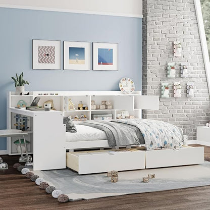 Bellemave Full Corner Bed Frame, Full Size Corner Beds with Storage Cabinets and Desk, Wood Daybed with Bookcase and Drawers, White
