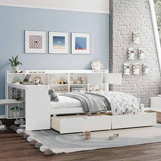 Bellemave Full Corner Bed Frame, Full Size Corner Beds with Storage Cabinets and Desk, Wood Daybed with Bookcase and Drawers, White