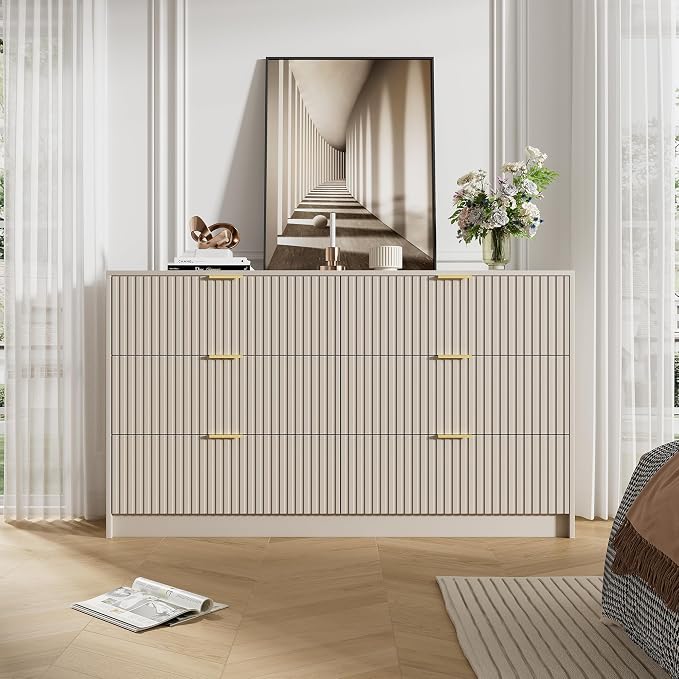 Furniway Beige Dresser for Bedroom, Modern Dresser with 6 Drawers and Smooth Slides, Wide Chest of Drawers with Golden Handles for Bedroom, Living Room, Closet, 15.7" D x 55.1" W x 31.4" H