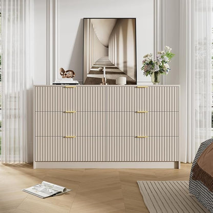 Furniway Beige Dresser for Bedroom, Modern Dresser with 6 Drawers and Smooth Slides, Wide Chest of Drawers with Golden Handles for Bedroom, Living Room, Closet, 15.7" D x 55.1" W x 31.4" H