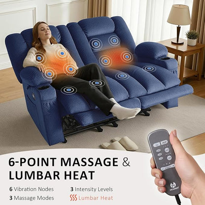 MCombo 55.9" Zero Gravity Power Loveseat Recliner with Heat and Vibration Massage, Reclining Loveseat Sofa with USB Ports, Cup Holders for Living Room, Fabric PR648SET (Navy Blue)