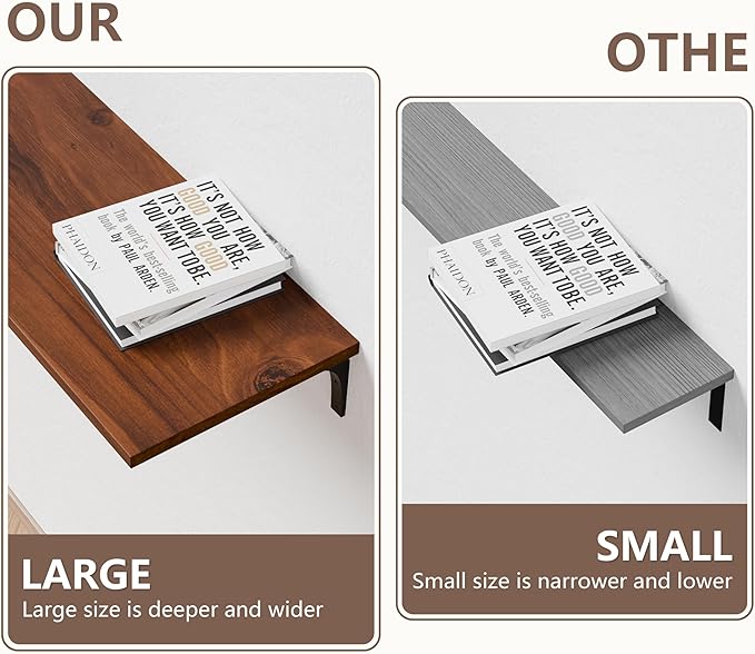 12 Inch Deep Floating Shelves Set of 4, 60 Inch Extra Long Walnut Solid Wood Wall Shelves, 5ft Heavy Duty Farmhouse Wall Mounted Shelving for Kitchen, Living Room & Bedroom