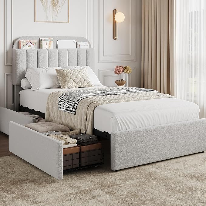 GarveeHome Twin Bed Frame with Storage Headboard, Kids Bed Frame with 2 Drawers, Boucle Upholstered Platform Bed with Bookcase, No Box Spring Needed, Easy Assembly, Light Gray