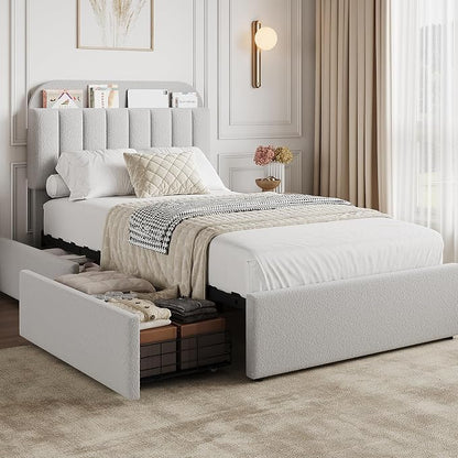 GarveeHome Twin Bed Frame with Storage Headboard, Kids Bed Frame with 2 Drawers, Boucle Upholstered Platform Bed with Bookcase, No Box Spring Needed, Easy Assembly, Light Gray