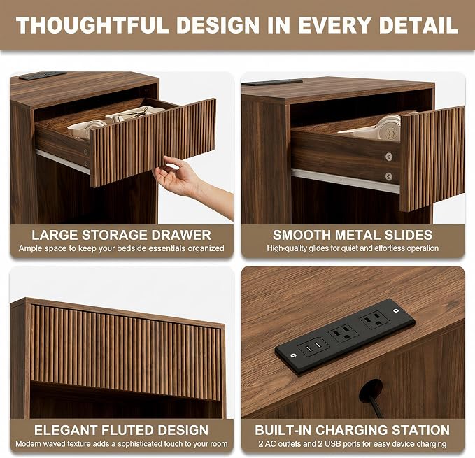 Fluted Nightstands Set of 2, Night Stand with Charging Station, Modern Bed Side Table with Drawer and Storage Shelf, Wood Mid Century End Table for Bedroom Living Room (Walnut)