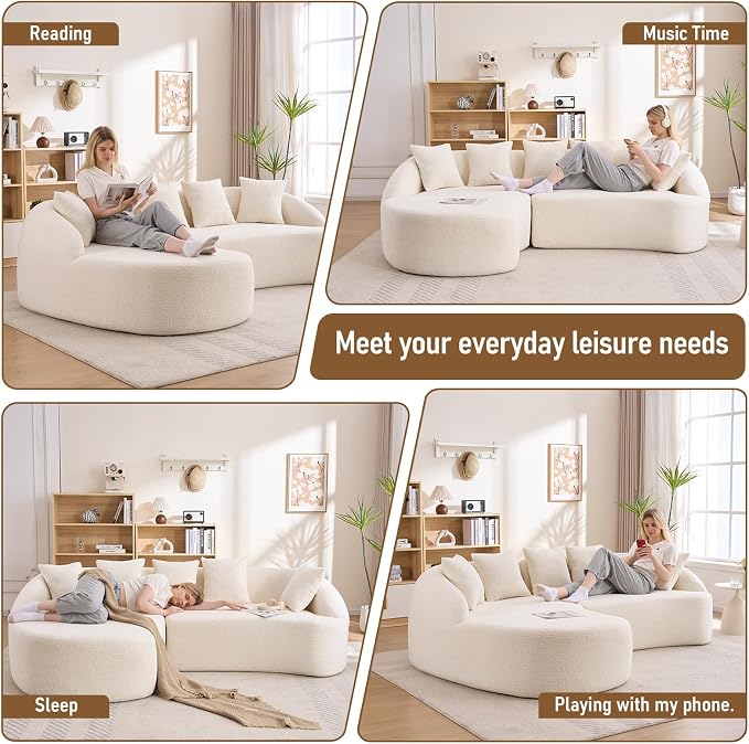 106.3" Curved Sofa with L-Shape Chaise,Modern Luxury Chenille 4-Seater Sofa,Curved Cloud Couch with 4 Throw Pillows for Living Room, Apartment (White)