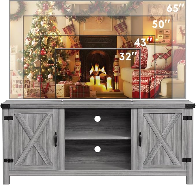 YESHOMY Modern Farmhouse TV Stand with Two Barn Doors and Storage Cabinets for Televisions up to 65+ Inch, Entertainment Center Console Table, Media Furniture for Living Room, 58 Inch, Gray Wash