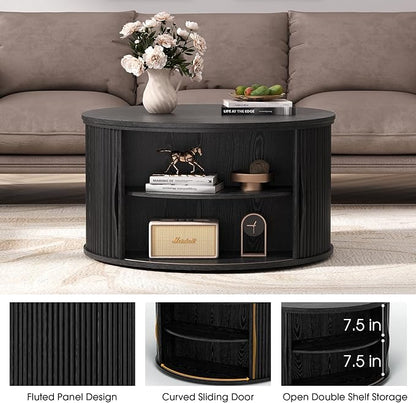 JOINICE 31.5" Black Round Lift Top Coffee Table, Modern Fluted Drum Center Table with Hidden Storage, Minimalist Circle Wood Desk for Living Room & Small Apartment