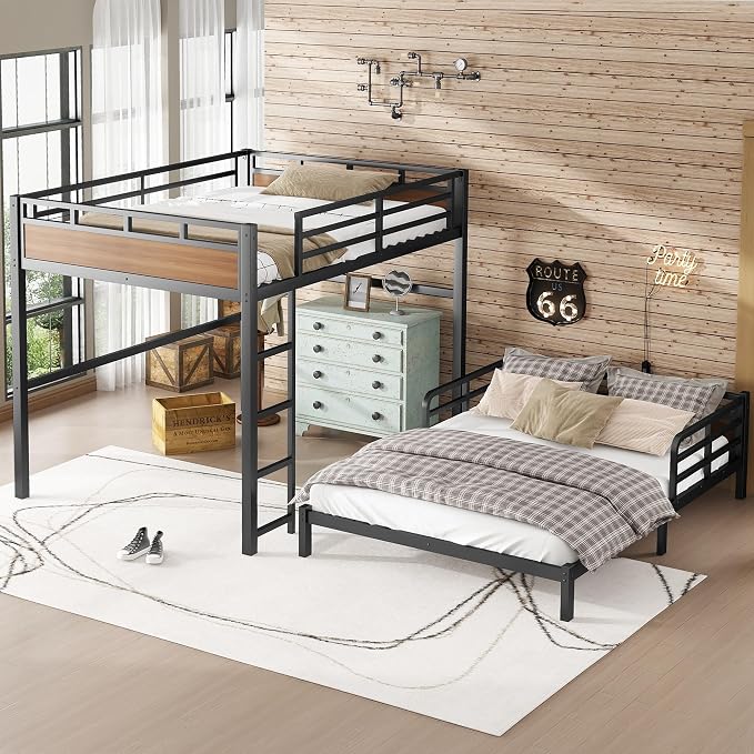 Queen Over Queen Metal Bunk Bed, Heavy Duty Convertible Bunk Bed Frame with Headboard & Full Guardrails, Can Be Split into Two Platform Beds or Loft Bed,Walnut