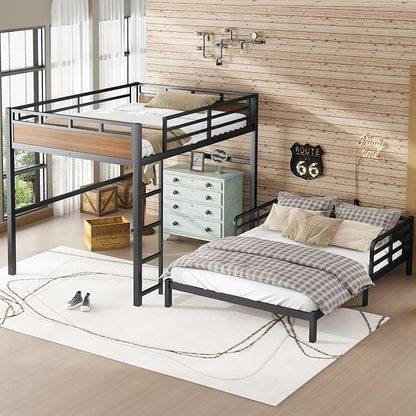 Queen Over Queen Metal Bunk Bed, Heavy Duty Convertible Bunk Bed Frame with Headboard & Full Guardrails, Can Be Split into Two Platform Beds or Loft Bed,Walnut