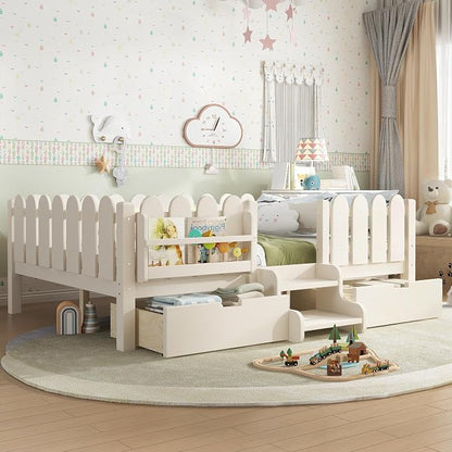 Bellemave Full Size Montessori Bed with Stairs, Lights, Rails and Slats, Full Size Montessori Floor Bed with Bookshelf and 2 Storage Drawers, Easy Assemble Beds Frame for Girls, Boys, Beige