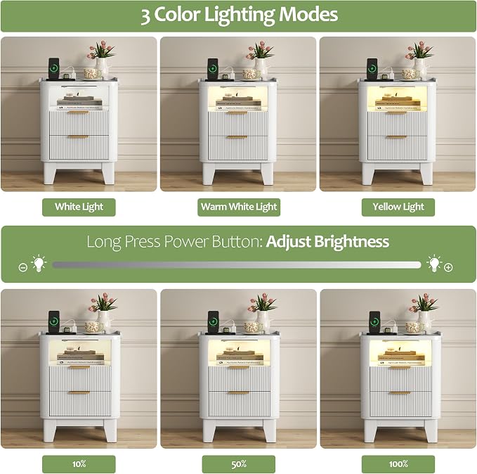 Turosur Night Stand with Charging Station, Fluted Nightstand with 2 Drawers and LED Light, Wood Bedside Table with Open Storage for Bedroom, White
