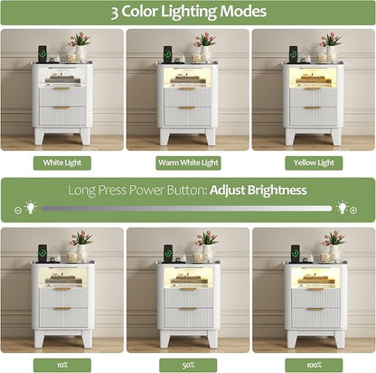 Turosur Night Stand with Charging Station, Fluted Nightstand with 2 Drawers and LED Light, Wood Bedside Table with Open Storage for Bedroom, White
