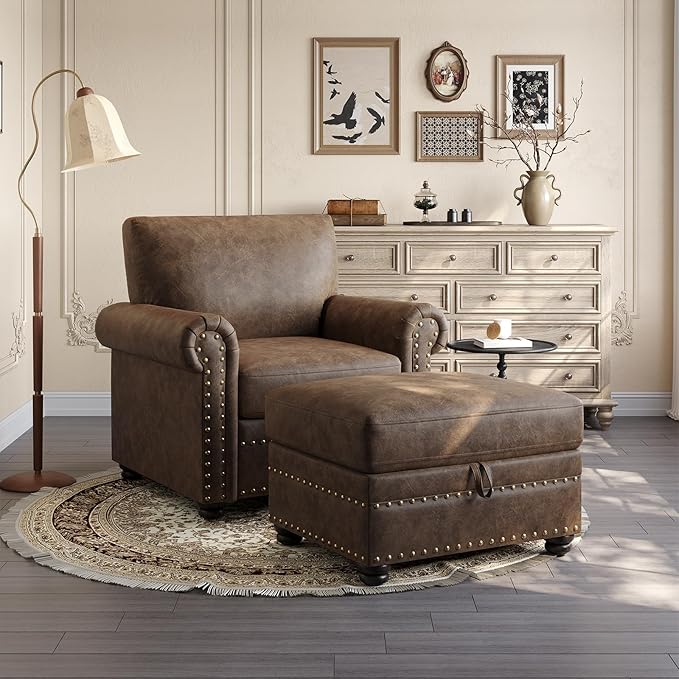 ONBRILL Faux Leather Ottoman with Storage, Rectangle Ottoman Coffee Table with Nailhead Trim, Solid Wood Legs, Oversized Upholstered Footrest Stool for Living Room, Bedroom, Apartment, Brown